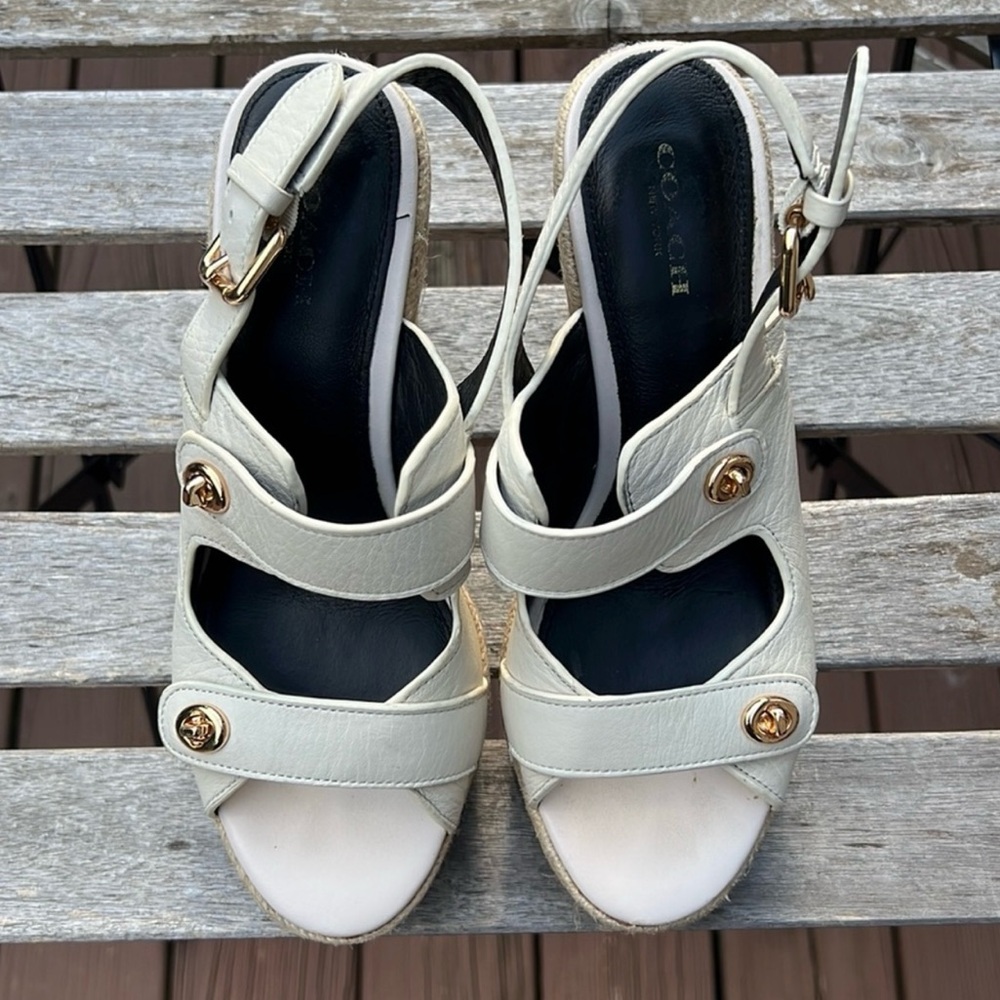 Coach Electra Turnlock espadrille wedge sandals in cream color